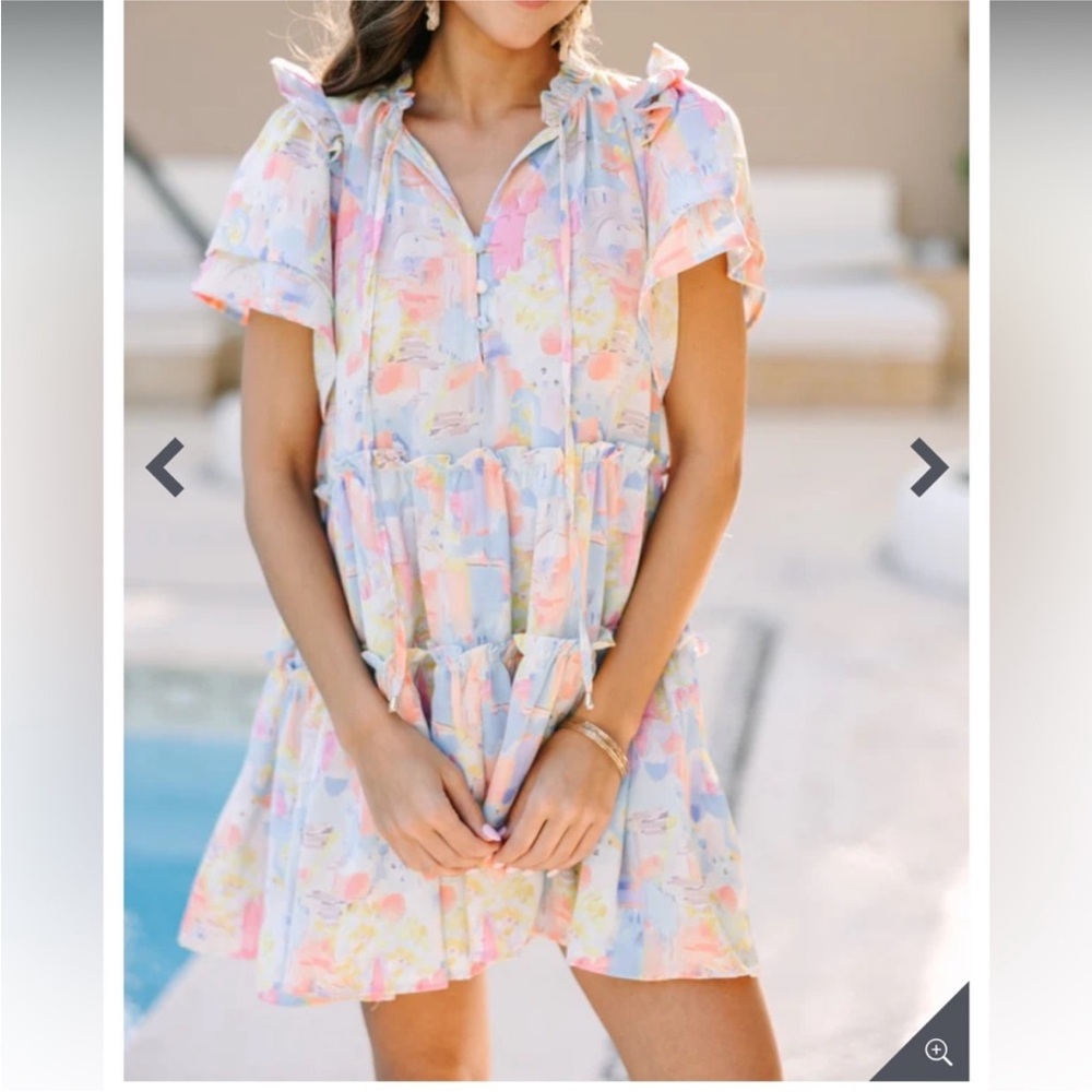 Entro NWOT Pastel Santorini Print Tiered Mini Dress Ruffle Sleeves Babydoll Med - Picture 2 of 8